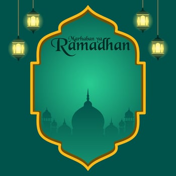 Marhaban ya Ramadhan greeting card design with Islamic frame decoration, lanterns and mosque silhouette in the middle vector
