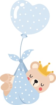 Cute baby boy teddy bear flying with blue heart balloon vector