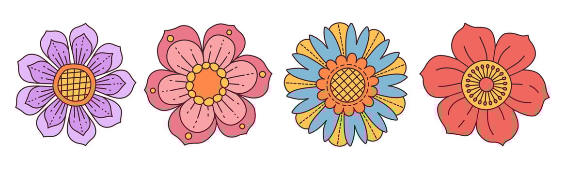 Collection of spring colorful flower. Set Trendy groovy wildflower 70s Vintage style isolated on white. Hand drawn blossom doodle illustration. Bright colorful flowers. Retro floral design. vector