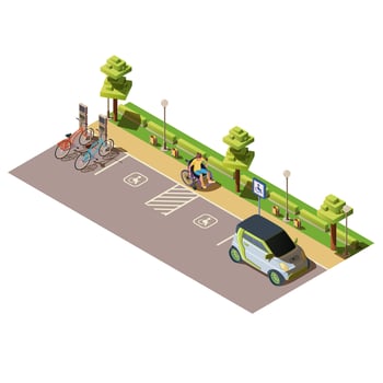 Isometric bicycle renting station, electric vehicle and cars parking lot or car-parking for the disabled. Zone with man on wheelchair for handicapped or disability driver. Ecological transport concept vector