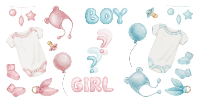 Set of accessories for newborns. Boy or girl. Bodysuit, soother, cap, socks, toy pyramid, teether. Baby gender reveal party. Isolated watercolor illustrations for kids good, shop, cards, baby shower vector