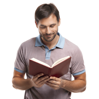 A man is reading a book with a smile on his face png