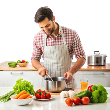 A man is cooking in a kitchen with a variety of vegetables and fruits png