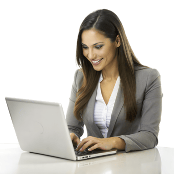 A woman is sitting at a desk and typing on a laptop png
