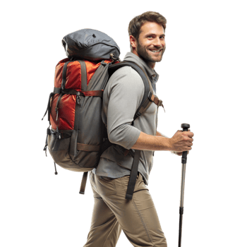 A man is smiling and wearing a backpack while holding a walking stick png