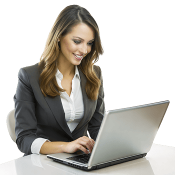 A woman is sitting at a desk and typing on a laptop png