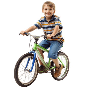 A young boy is riding a green and blue bicycle png