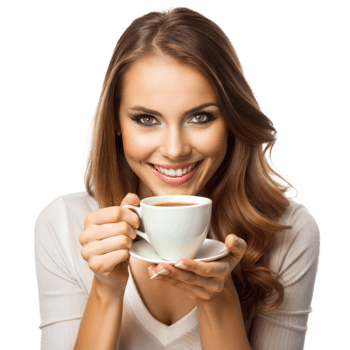 A woman is holding a white coffee cup with a smile on her face png