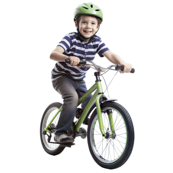 A young boy is riding a green bicycle with a helmet on png
