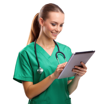 A woman in a green scrubs is smiling and using a tablet png