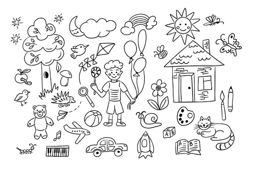 Childish doodle set of like kids drawings. Collection of ordinary children items in sketchy contour style isolated on white background. Monochrome outline stickers vector
