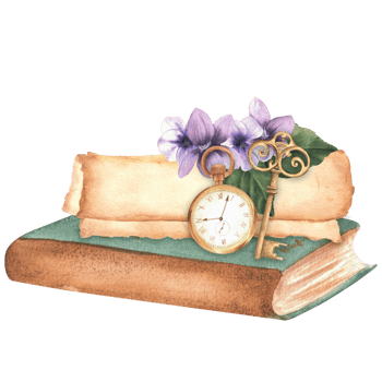 An old green covered book, yellowed paper scroll, pansies, antique key and pocket watch on it. Vintage composition with old-fashioned items. Hand-drawn watercolor illustration. png
