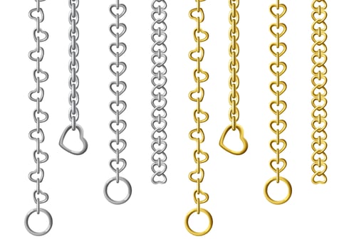 Silver and gold metal chains isolated on white background. set of vertically hanging steel chains with different sizes and shapes of links. Realistic connected stainless rings, upright jewelry. vector