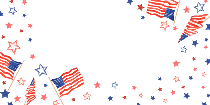 American flags and stars. Waving USA national flags on flagpole. Stars in patriotic colors. Horizontal frame with empty space. Memorial day, Independence day. Watercolor illustration png