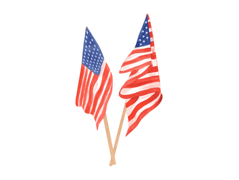 Two USA American flags crossed together. National symbols. Waving flag on golden flagpole. Memorial day, Independence day. Watercolor illustration png