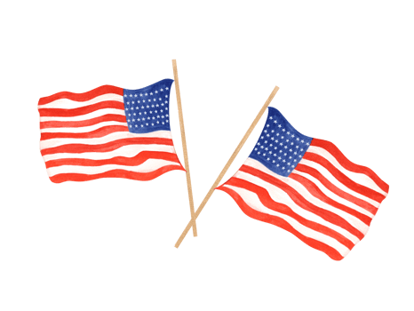 Two USA flags crossed together. Waving flag on golden flagpole. National American symbols. Memorial day, Independence day. Watercolor illustration for celebration cards, label, decor png