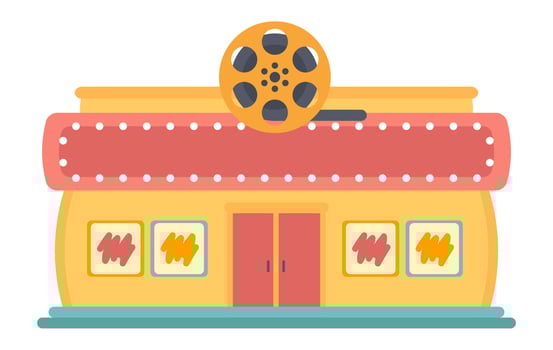 Cinema building exterior in flat design. Movie theatre architecture facade. illustration isolated. vector