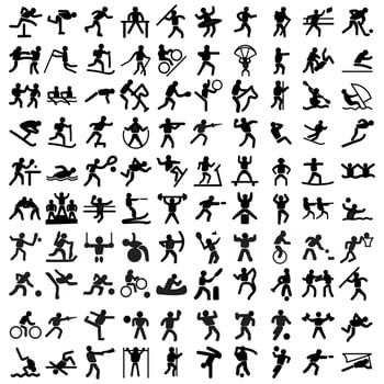 Sports icon set. Shapes Sports, Sports icon collection, Active lifestyle people and icon set, runners active lifestyle icons. vector