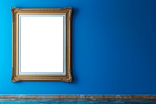 Antique picture frame on blue wall transparent background png