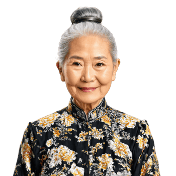 An elderly Asian woman with wise wrinkled eyes a gentle smile and silver hair in png