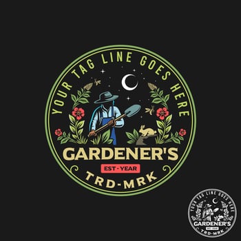 The circular logo ilustration depicts a gardener, rabbit, bee, and flowers. vector