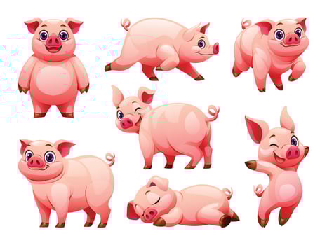 Set of pig in various poses. Cartoon illustration vector