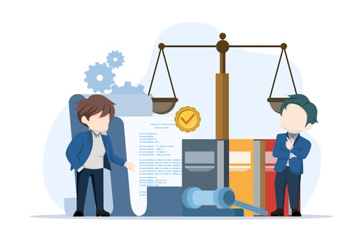 Legal advice concept or Law and justice scene. lawyer consultant client, judge knocks with wooden gavel. legal advice consultation. Consideration. Flat illustration banner for website. vector