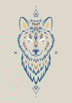 Beautiful wolf illustration with ethnic elements on beige background. Tribal animal symbol for print vector
