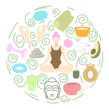 Yoga items set. Flat yoga elements set with woman in lotus pose, mat, candle, crystal, rock, avocado and Buddha vector