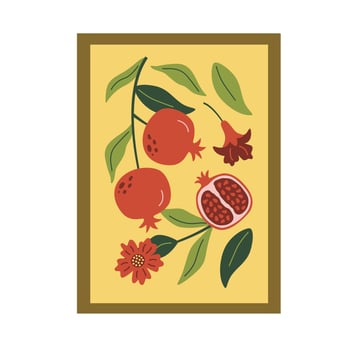 Abstract fruit contemporary art print. Modern poster with hand drawn pomegranate, leaves, and flowers. vector