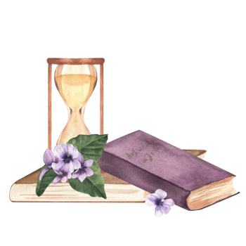 Hourglass standing on an old book, a book lying next to it and violet flowers. Hand-drawn watercolor vintage illustration. png