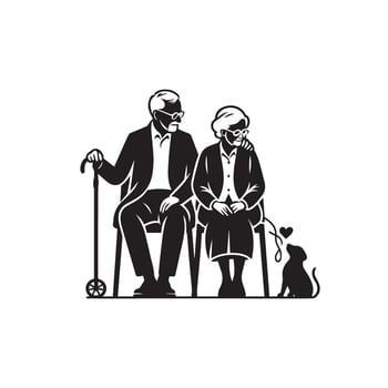Grandparent silhouette illustration with grandchild on white background. Old couple logo vector