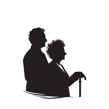 Grandparent silhouette illustration with grandchild on white background. Old couple logo vector