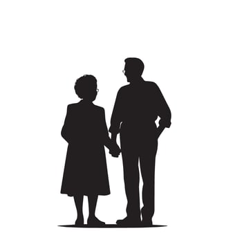 Grandparent silhouette illustration with grandchild on white background. Old couple logo vector