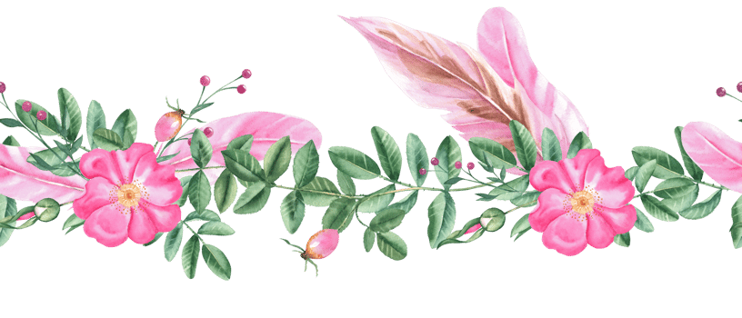 Rose hip and pink feathers horizontal watercolor seamless border pattern. Hand drawn botanical illustration. Dog rose flowers, buds, branches and berries. Can be used for fabric, textile png