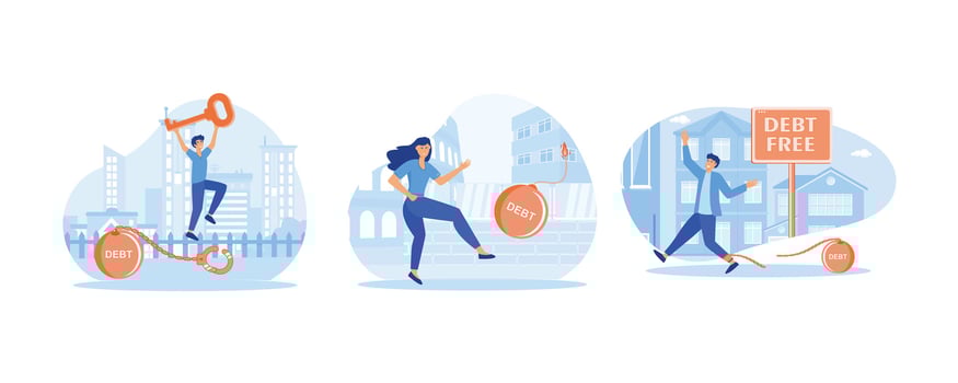Debt free or freedom for pay off debts. Businesswoman kicking debt bomb ball away like as soccer ball. Debtor happy after paying off debts, bank loans. Set flat modern illustration vector