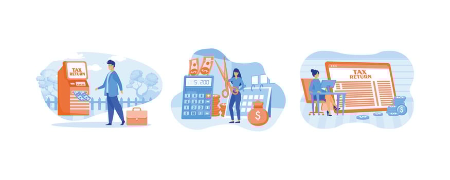 Tax refund concept. Successful businesswoman cuts huge taxes with scissors. Businesswoman Sitting in front of Workplace Computer near Large Tax Refund Documents. Set flat modern illustration vector
