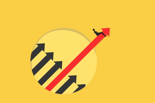 Businessman sitting on arrow. opportunity or career success concept. Symbol of courage, ambition, having a goal, inspiration. vector