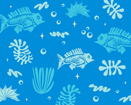 Marine life pattern turquoise background fish, coral illustration art print fabric textile apparel editable vector