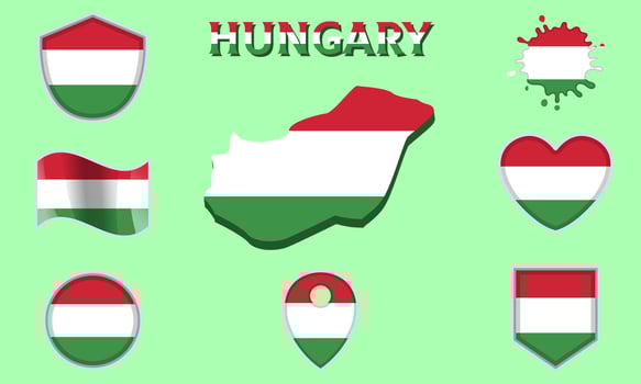 Collection of flat national flags of Hungary with map vector