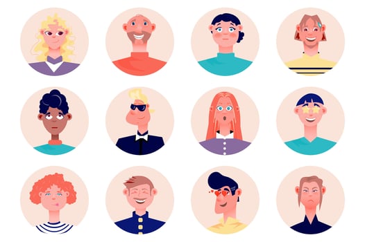 Emoji people avatars isolated set. Men and women express different facial emotions such as smile, laughter, sadness, anger, love and others. illustration with characters in flat cartoon design vector