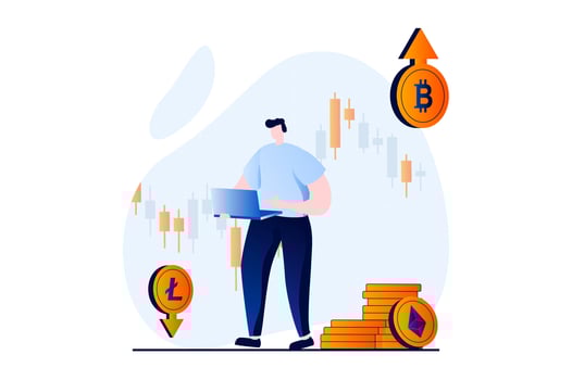 Cryptocurrency marketplace concept with people scene in flat cartoon design. Man analyzes data on crypto exchange and buys bitcoins and other currencies. illustration visual story for web vector