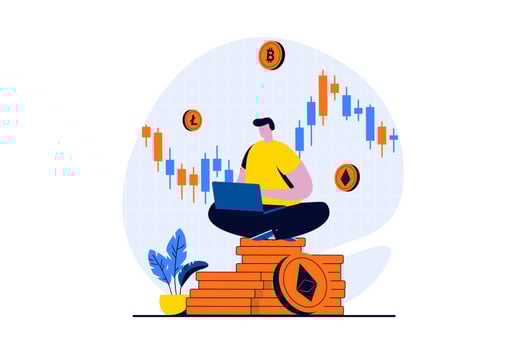 Cryptocurrency mining concept with people scene in flat cartoon design. Man mines bitcoins, litecoins and etherium, analyzes market data and increases profit. illustration visual story for web vector