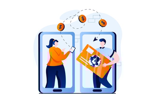 E-payment process concept with people scene in flat cartoon design. Woman transfers money to man credit card using online banking in mobile application. illustration visual story for web vector