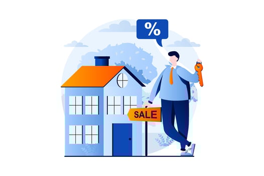Real estate concept with people scene in flat cartoon design. Realtor holding keys to new house and offering good discount deal for buying home in agency. illustration visual story for web vector