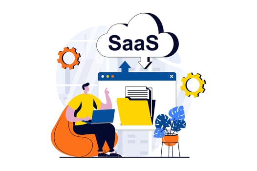 SaaS concept with people scene in flat cartoon design. Man working with uploading and downloading files, subscription at programs. Software as a service. illustration visual story for web vector