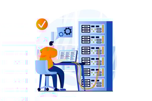 Server maintenance concept with people scene in flat cartoon design. Man working at laptop in server rack hardware room, settings and optimization connection. illustration visual story for web vector