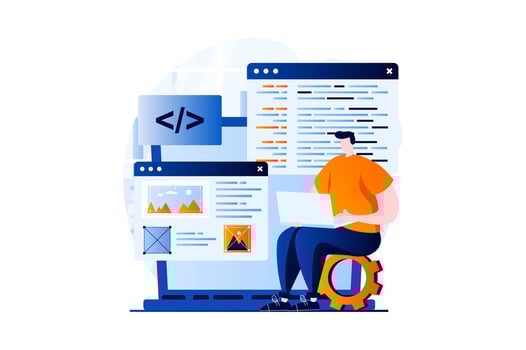 Web development concept with people scene in flat cartoon design. Man is programming computer languages, creating, testing and optimizing website at laptop. illustration visual story for web vector
