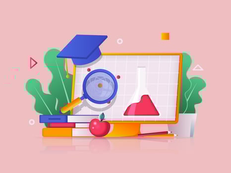 Online education concept 3D illustration. Icon composition with watching lectures on computer screen, reading books, completing educational courses. illustration for modern web design vector
