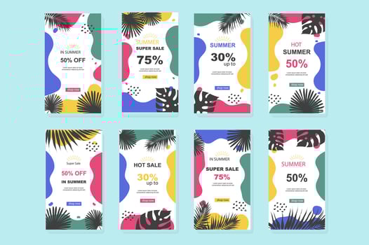 Summer sale template for instagram stories. Mockups vertical design with discount prices for seasonal online shopping with tropical leaves frames. Collection layouts for insta story at social network vector